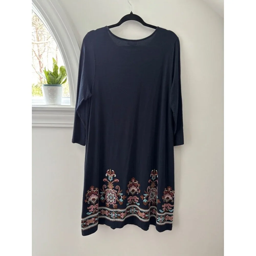J. Jill Embroidered Floral Long Sleeve Shift Dress L Navy Blue Boho Chic Coastal